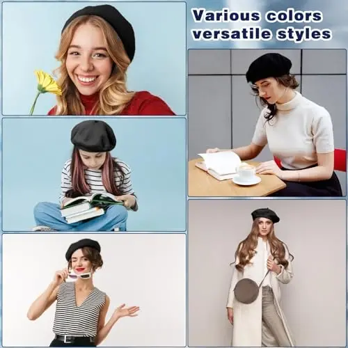 Shinymoon 48 Pcs Women Wool Beret Hat with Silky Scarf French Beret Bulk for Women Girls Winter - 2