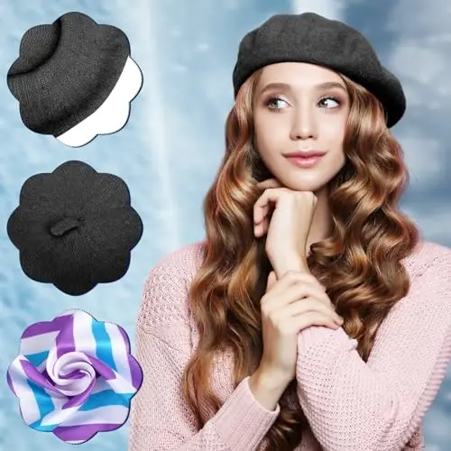 Shinymoon 48 Pcs Women Wool Beret Hat with Silky Scarf French Beret Bulk for Women Girls Winter - 4