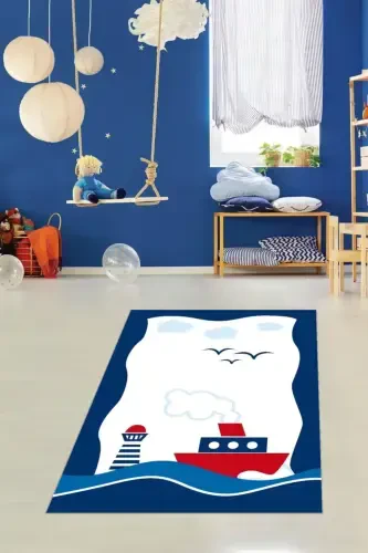 Ship Lighthouse Patterned Digital Printed Non-Slip Base Washable Stain-Proof Kitchen Carpet-Navy Blue - 3