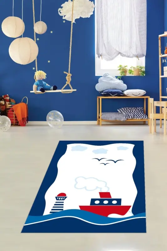 Ship Lighthouse Patterned Digital Printed Non-Slip Base Washable Stain Resistant Kitchen Rug - Navy Blue-White - 1