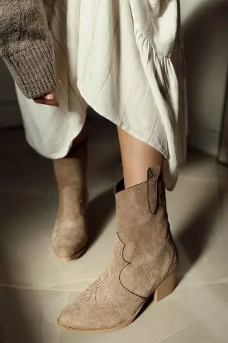 Shirley Nakışlı Western Kadın Kovboy Çizme Bot-Bej - 3