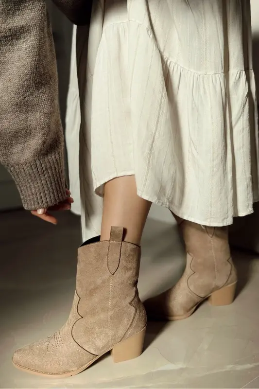 Shirley Nakışlı Western Kadın Kovboy Çizme Bot-Bej - 4