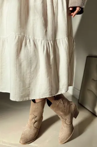 Shirley Nakışlı Western Kadın Kovboy Çizme Bot-Bej - 5