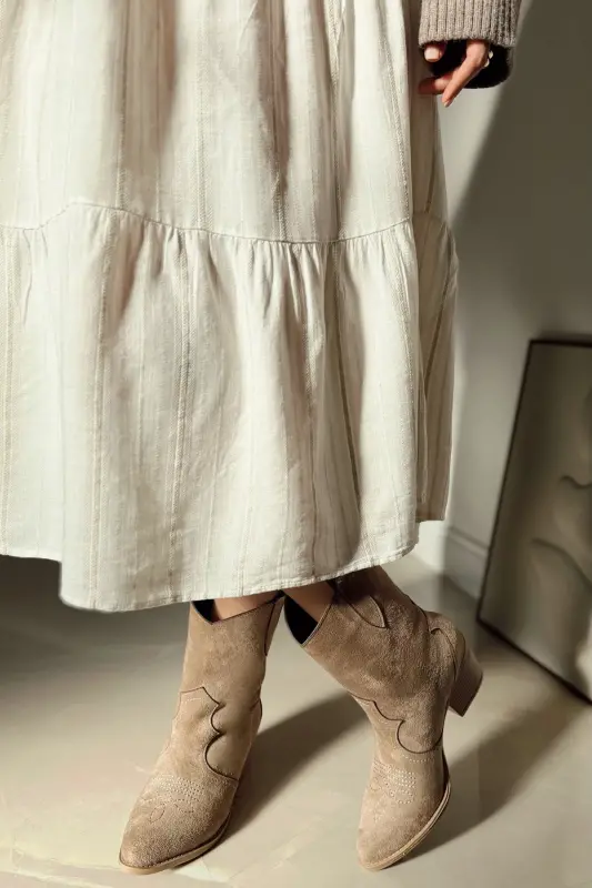 Shirley Nakışlı Western Kadın Kovboy Çizme Bot-Bej - 5