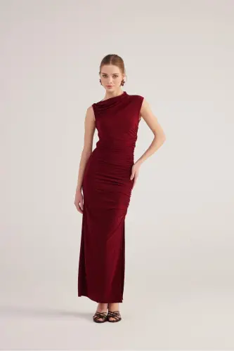 Shirred Detail Slit Long Lily Dress Burgundy - 11