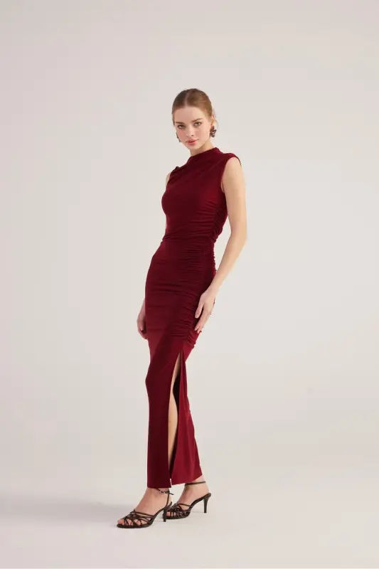 Shirred Detail Slit Long Lily Dress Burgundy - 3