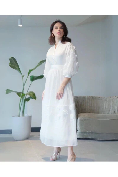 Shirt Collar 3D Rose Detailed Long Ecru Dress 39861 - SERPIL