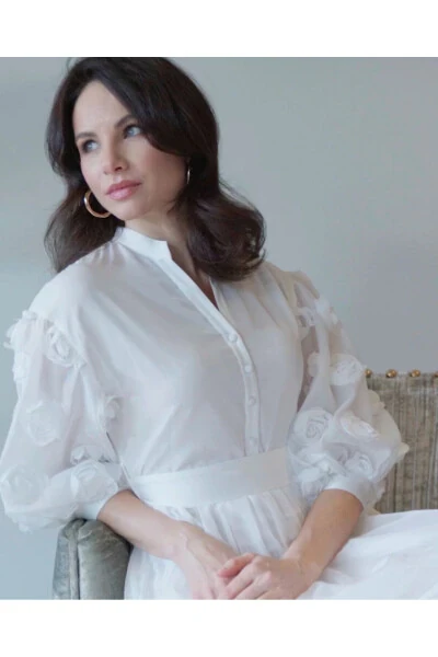 Shirt Collar 3D Rose Detailed Long Ecru Dress 39861 - SERPIL (1)