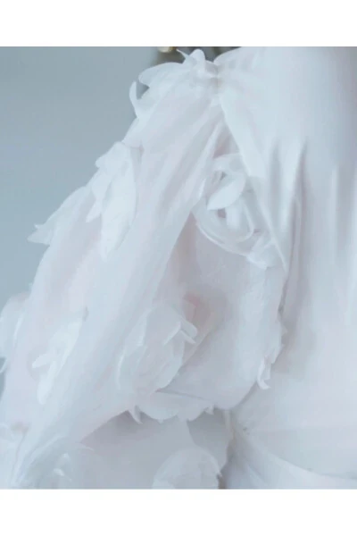 Shirt Collar 3D Rose Detailed Long Ecru Dress 39861 - 4