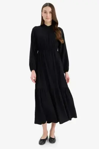Shirt Collar Basic Plain Buttoned Smocked Waist Long Sleeve Maxi Dress-Black - 1