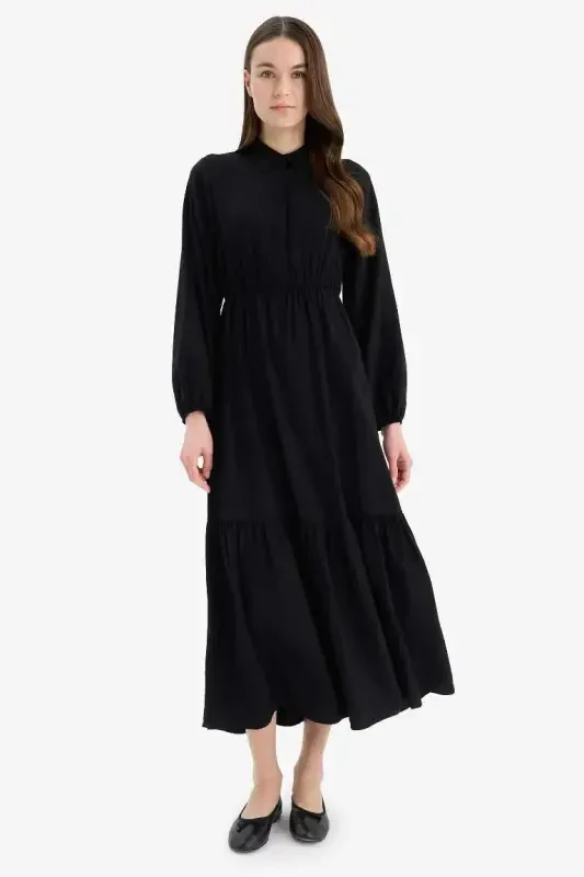 Shirt Collar Basic Plain Buttoned Smocked Waist Long Sleeve Maxi Dress-Black - 1