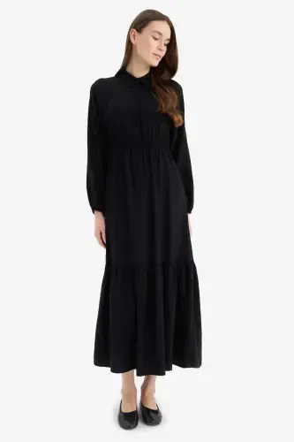 Shirt Collar Basic Plain Buttoned Smocked Waist Long Sleeve Maxi Dress-Black - DEFACTO (1)