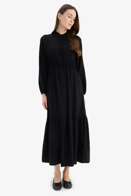 Shirt Collar Basic Plain Buttoned Smocked Waist Long Sleeve Maxi Dress-Black - 2