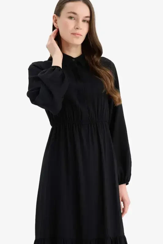 Shirt Collar Basic Plain Buttoned Smocked Waist Long Sleeve Maxi Dress-Black - 3