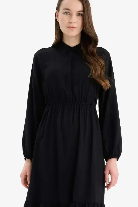 Shirt Collar Basic Plain Buttoned Smocked Waist Long Sleeve Maxi Dress-Black - 4