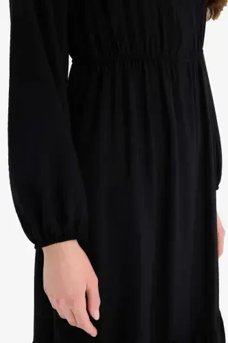Shirt Collar Basic Plain Buttoned Smocked Waist Long Sleeve Maxi Dress-Black - 5