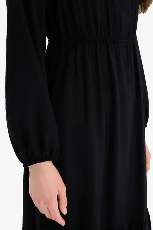 Shirt Collar Basic Plain Buttoned Smocked Waist Long Sleeve Maxi Dress-Black - 5