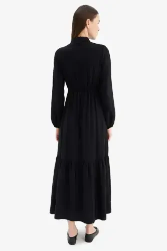 Shirt Collar Basic Plain Buttoned Smocked Waist Long Sleeve Maxi Dress-Black - 6