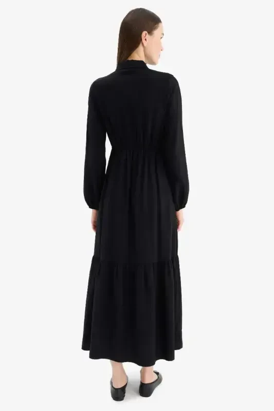 Shirt Collar Basic Plain Buttoned Smocked Waist Long Sleeve Maxi Dress-Black - 6