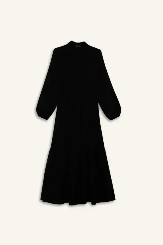 Shirt Collar Basic Plain Buttoned Smocked Waist Long Sleeve Maxi Dress-Black - 7