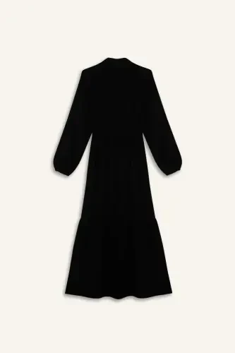Shirt Collar Basic Plain Buttoned Smocked Waist Long Sleeve Maxi Dress-Black - 9