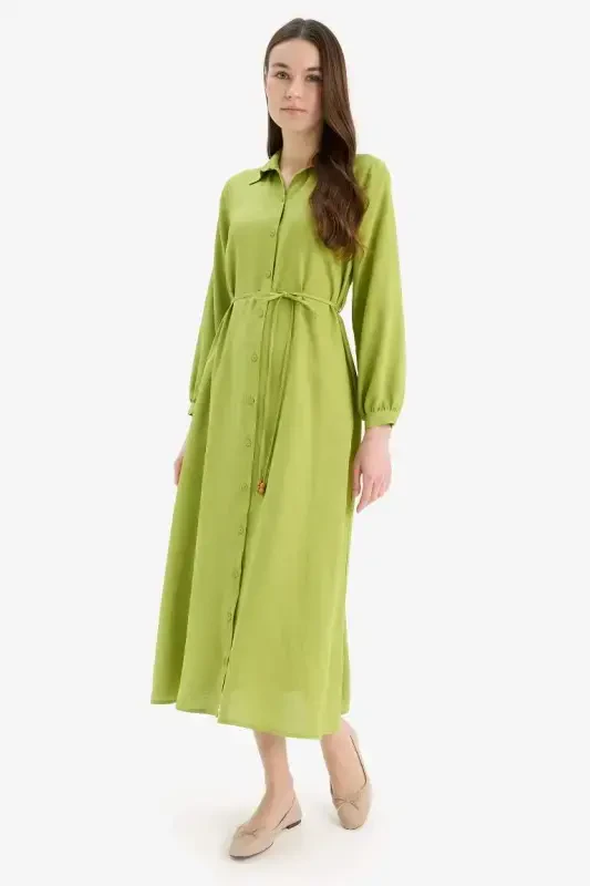 Shirt Collar Belted Linen Blend Long Sleeve Maxi Dress-Green - 1