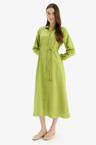 Shirt Collar Belted Linen Blend Long Sleeve Maxi Dress-Green - DEFACTO (1)