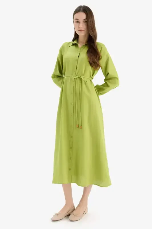 Shirt Collar Belted Linen Blend Long Sleeve Maxi Dress-Green - 2