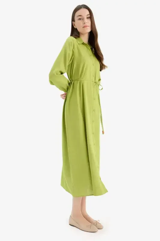 Shirt Collar Belted Linen Blend Long Sleeve Maxi Dress-Green - 3