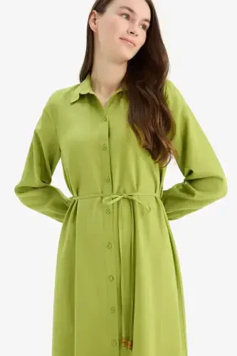 Shirt Collar Belted Linen Blend Long Sleeve Maxi Dress-Green - 4