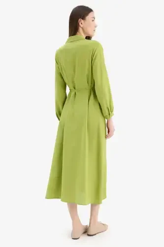 Shirt Collar Belted Linen Blend Long Sleeve Maxi Dress-Green - 6
