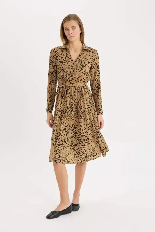 Shirt Collar Leopard Patterned Long Sleeve Belted Midi Dress-Coffee - 1