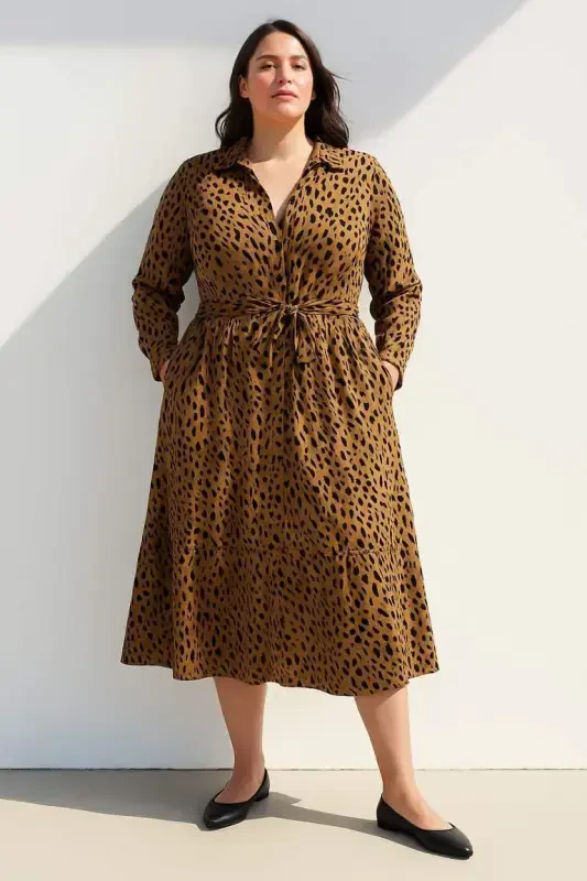 Shirt Collar Leopard Patterned Long Sleeve Belted Midi Dress-Coffee - 2