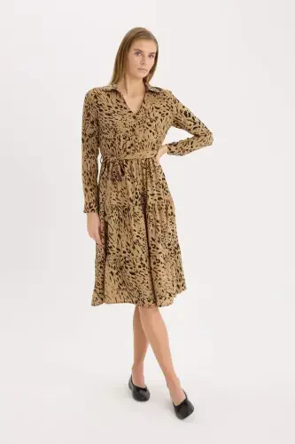 Shirt Collar Leopard Patterned Long Sleeve Belted Midi Dress-Coffee - 3