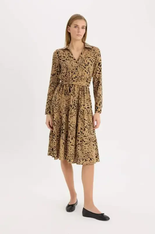 Shirt Collar Leopard Patterned Long Sleeve Belted Midi Dress-Coffee - 4