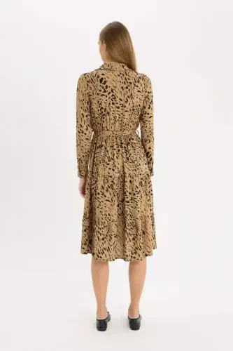 Shirt Collar Leopard Patterned Long Sleeve Belted Midi Dress-Coffee - 6