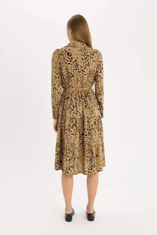 Shirt Collar Leopard Patterned Long Sleeve Belted Midi Dress-Coffee - 6