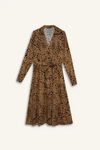 Shirt Collar Leopard Patterned Long Sleeve Belted Midi Dress-Coffee - 7