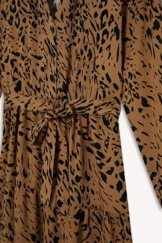 Shirt Collar Leopard Patterned Long Sleeve Belted Midi Dress-Coffee - 8
