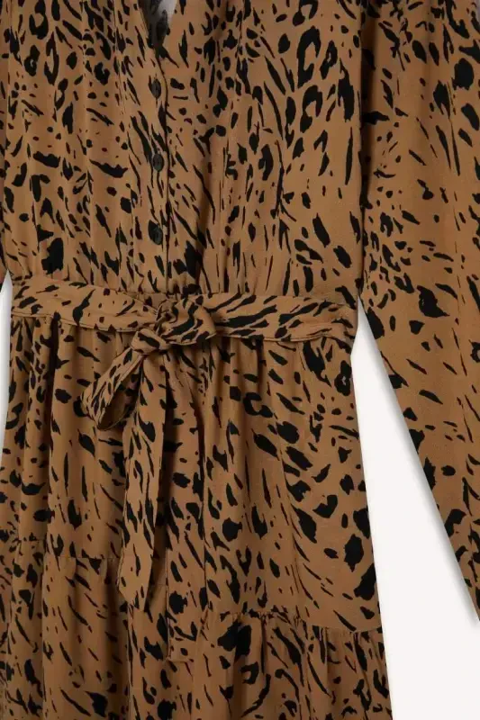 Shirt Collar Leopard Patterned Long Sleeve Belted Midi Dress-Coffee - 8