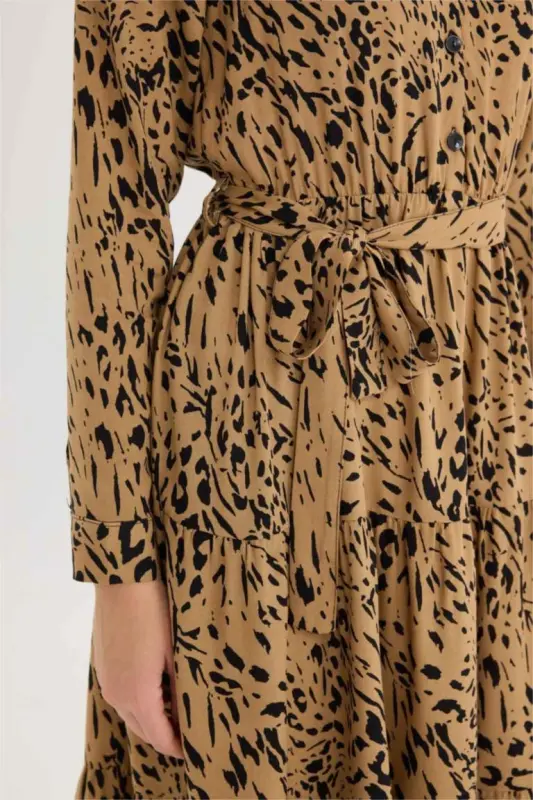 Shirt Collar Leopard Patterned Long Sleeve Belted Midi Dress-Coffee - 3
