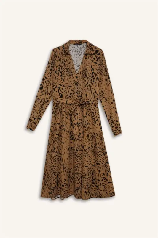 Shirt Collar Leopard Patterned Long Sleeve Belted Midi Dress-Coffee - 5