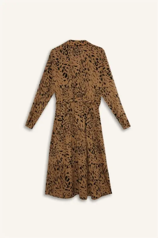 Shirt Collar Leopard Patterned Long Sleeve Belted Midi Dress-Coffee - 7