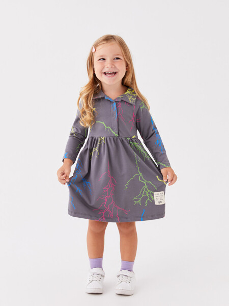 Shirt Collar Long Sleeve Printed Baby Girl Dress - 7