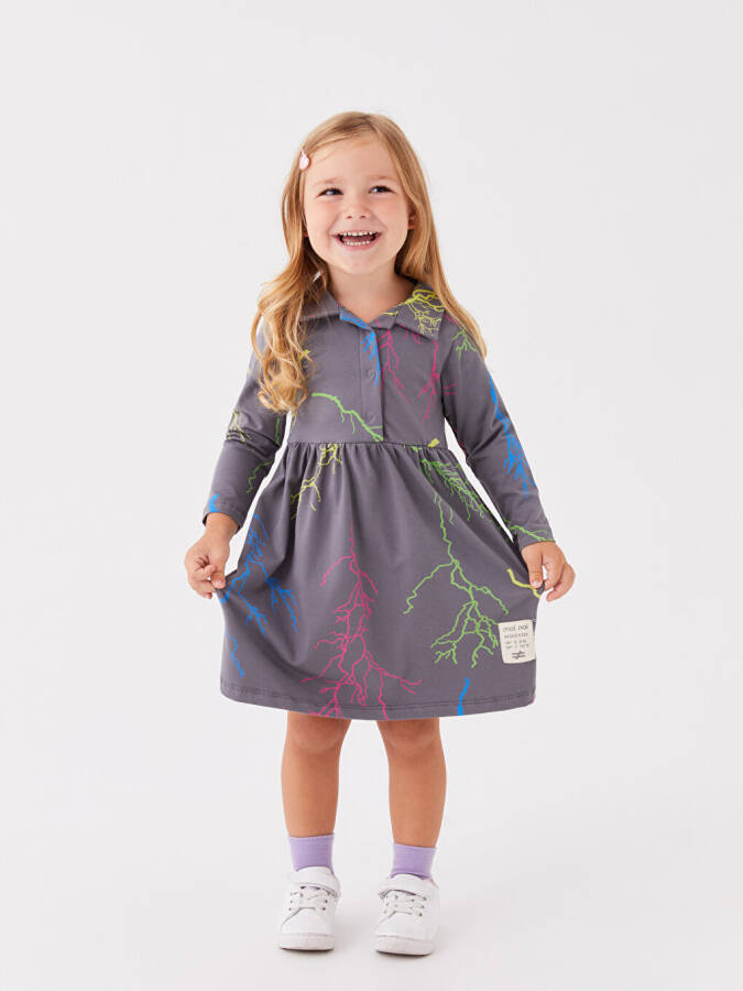 Shirt Collar Long Sleeve Printed Baby Girl Dress - 7