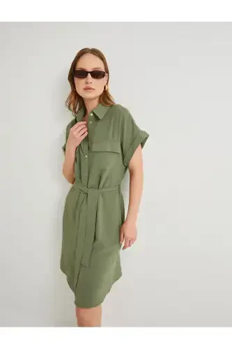 Shirt Dress Belted Waist Buttoned Pocketed-Khaki - 1