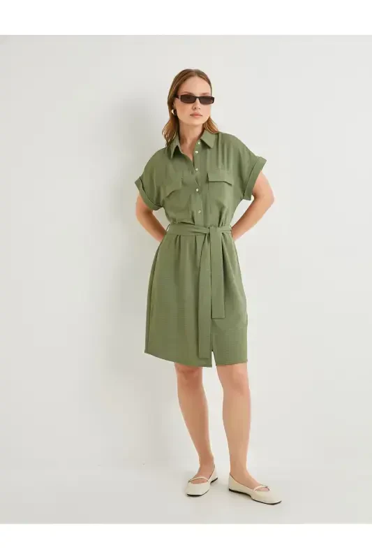 Shirt Dress Belted Waist Buttoned Pocketed-Khaki - 2