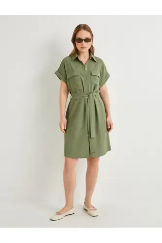 Shirt Dress Belted Waist Buttoned Pocketed-Khaki - 3