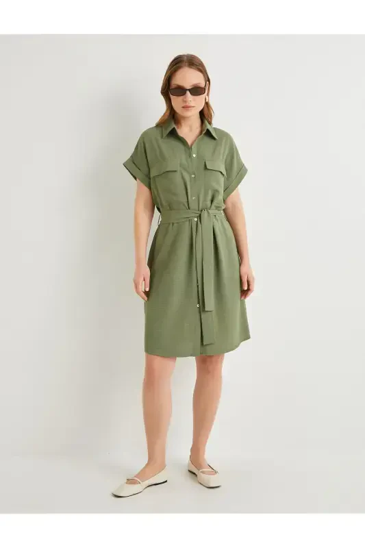 Shirt Dress Belted Waist Buttoned Pocketed-Khaki - 3