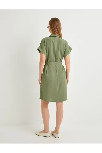 Shirt Dress Belted Waist Buttoned Pocketed-Khaki - 4